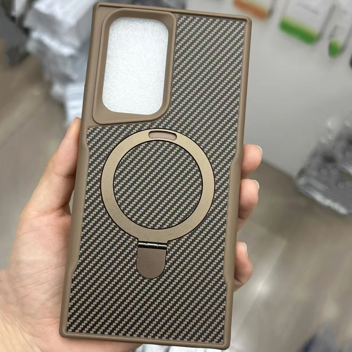 Desert Gold carbon fibre magsafe charging phone case for Samsung Galaxy S25 S24 S23 Ultra Plus metal holder magnetic hard case