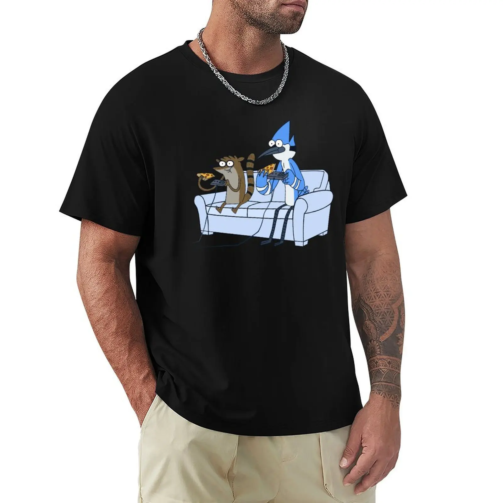 Mordecai and Rigby Pizza and Video Games T-Shirt Big and Tall Loose Fit T-Shirt