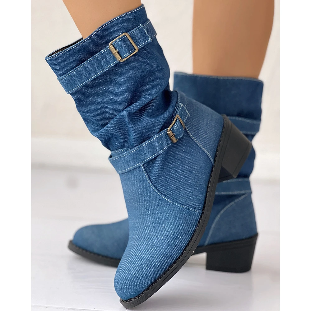 2024 Fashion Women Denim Round Toe Turkey Boots Femme Buckle Decor Midi High Ankle Boots Party Workwear Party Shoes Korean