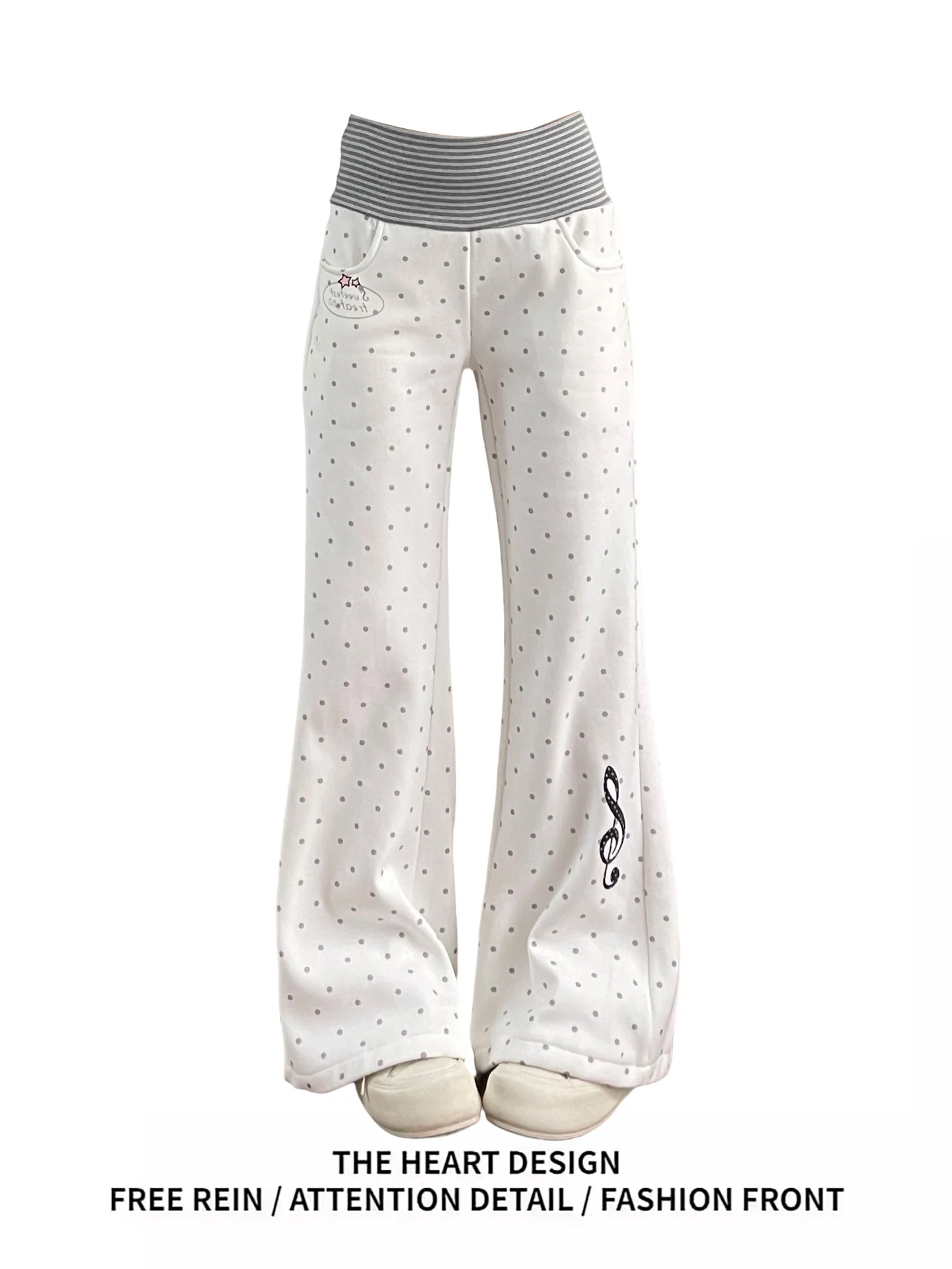 

Женские повседневные брюки с двойным поясом, белые в горошек, весенняя новинка, расклешенные спортивные брюки с высокой талией, эластичные