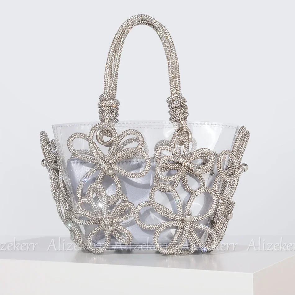 

Diamond Flower Transparent Tote Bags Women Boutique Summer Holiday Handmade Woven Rhinestone Beach Purses And Handbags Wedding