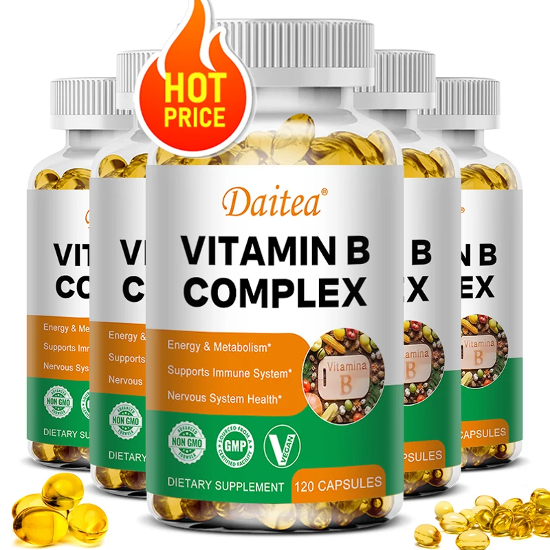 Complejo de vitamina B: estrés, inmunidad, salud del corazón, sistema nervioso, soporte para metabolismo energético: sin OGM, vegano, sin gluten