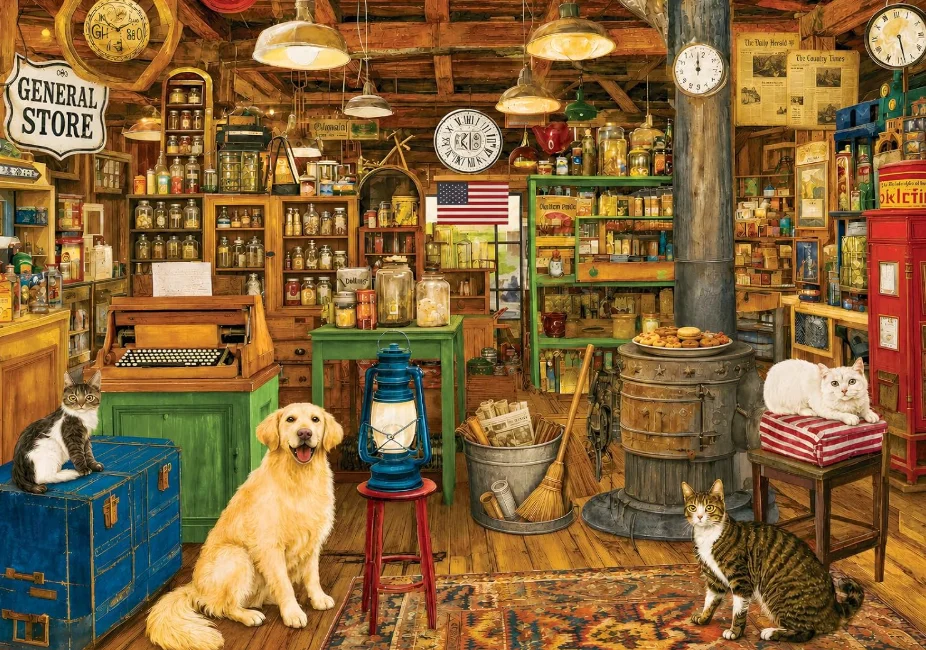 Jigsaw Puzzle 500/1000/1200/2000PCS Rustic Vintage Shop Antique Clocks Lantern Pets DIY Assembling Home Decor