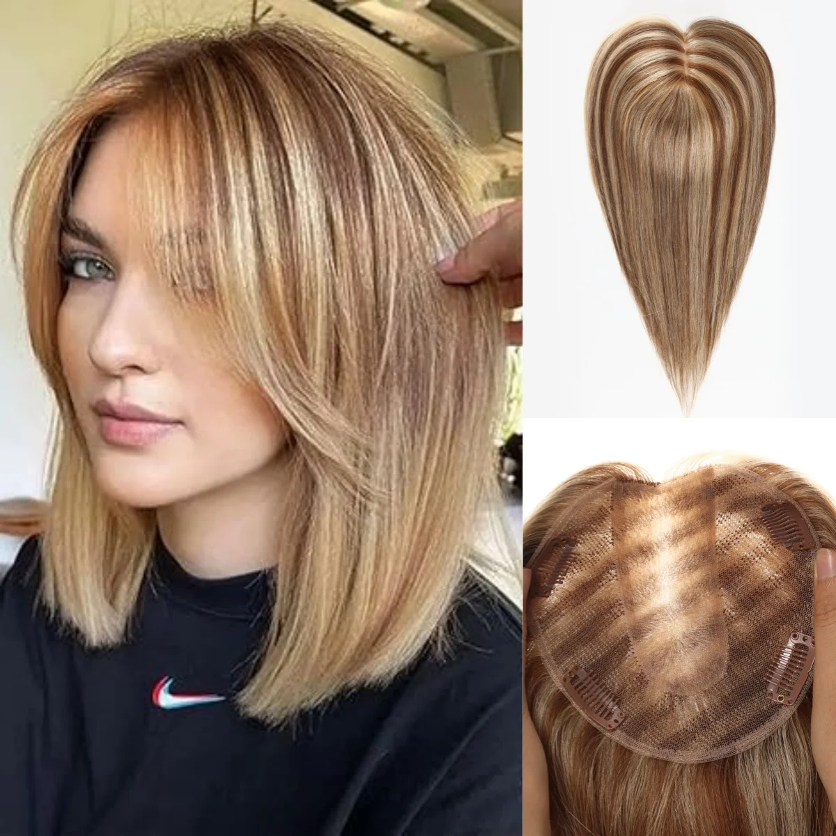 Prawdziwe ludzkie włosy Toppery Brown Highlight Silk Base 4 klipsy w kawałkach włosów Prosta nakładka na ludzkie włosy dla kobiet z przerzedzającym włosem