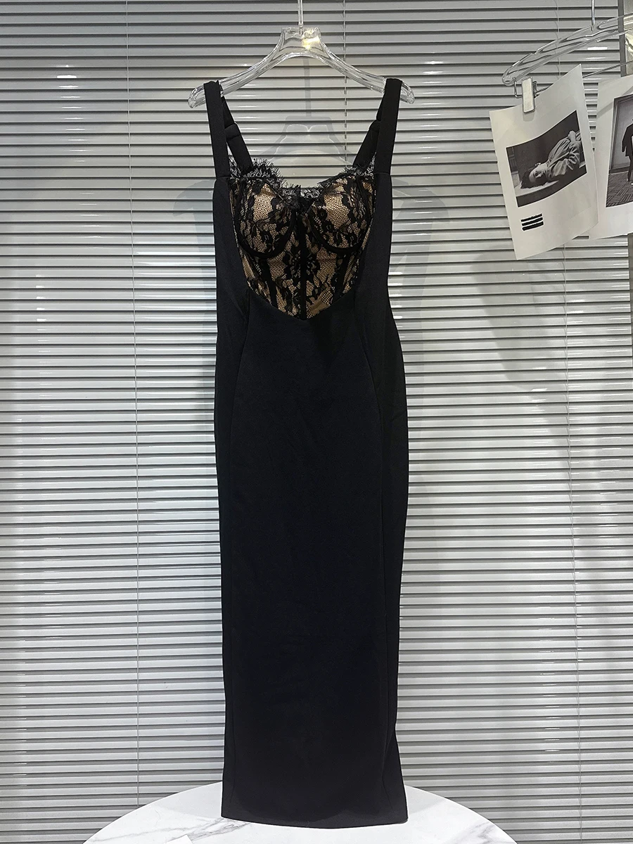 TWOTWINSTYLE 슬림핏 레이스 스플라이스 섹시 드레스 여성용 스퀘어 넥 슬리브리스 하이웨이스트 우아한 드레스 여성 의류 신상품