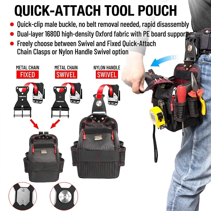 NAKIOO Rotating Quick-Clip Tool Pouch,EDC Tactical Waist Bag,Electrician Tool Bag with Dual Zipper for Tool Storage Organize