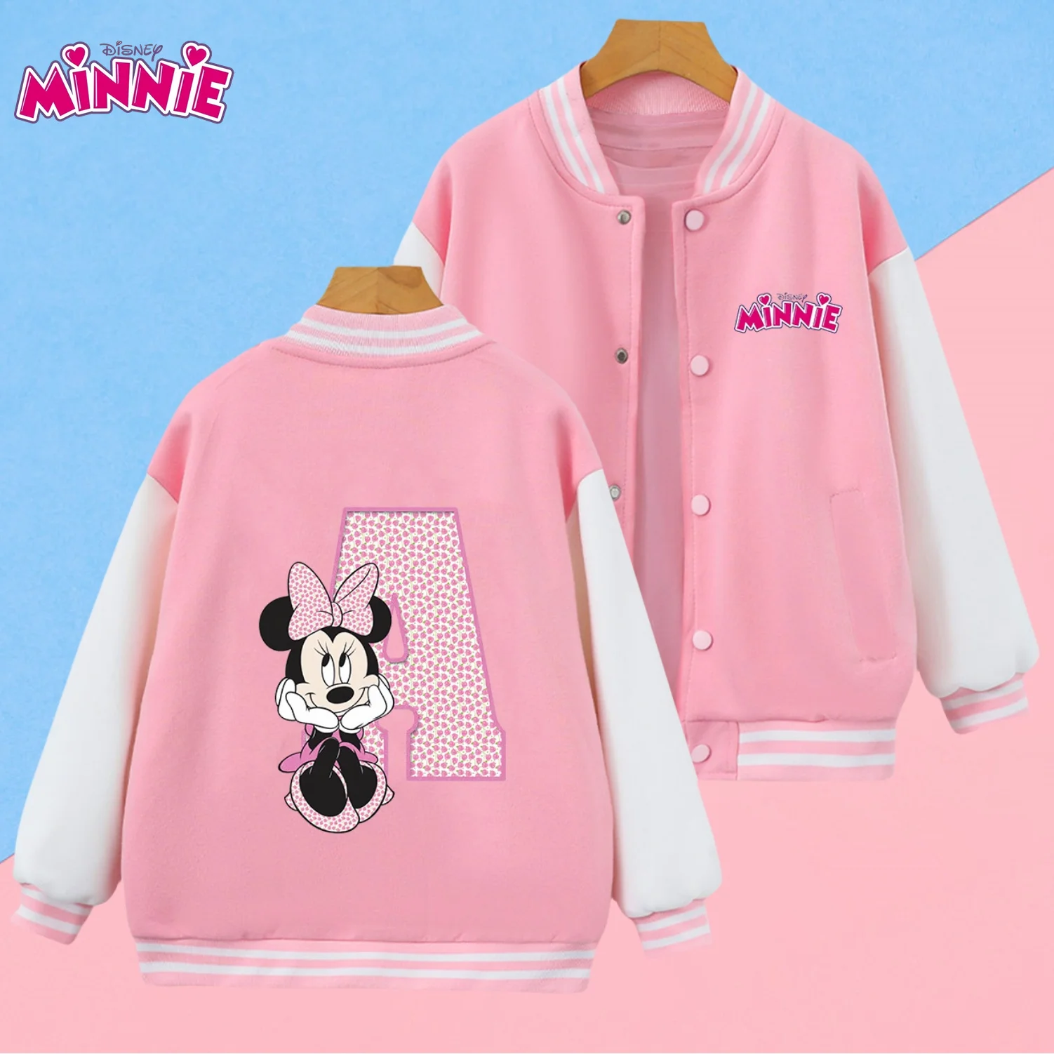 Disney Minnie Letter A B C D Children baseball uniform Kawaii Clothes Girls coat Anime Cartoons Casual Kid Boy long sleeve coat