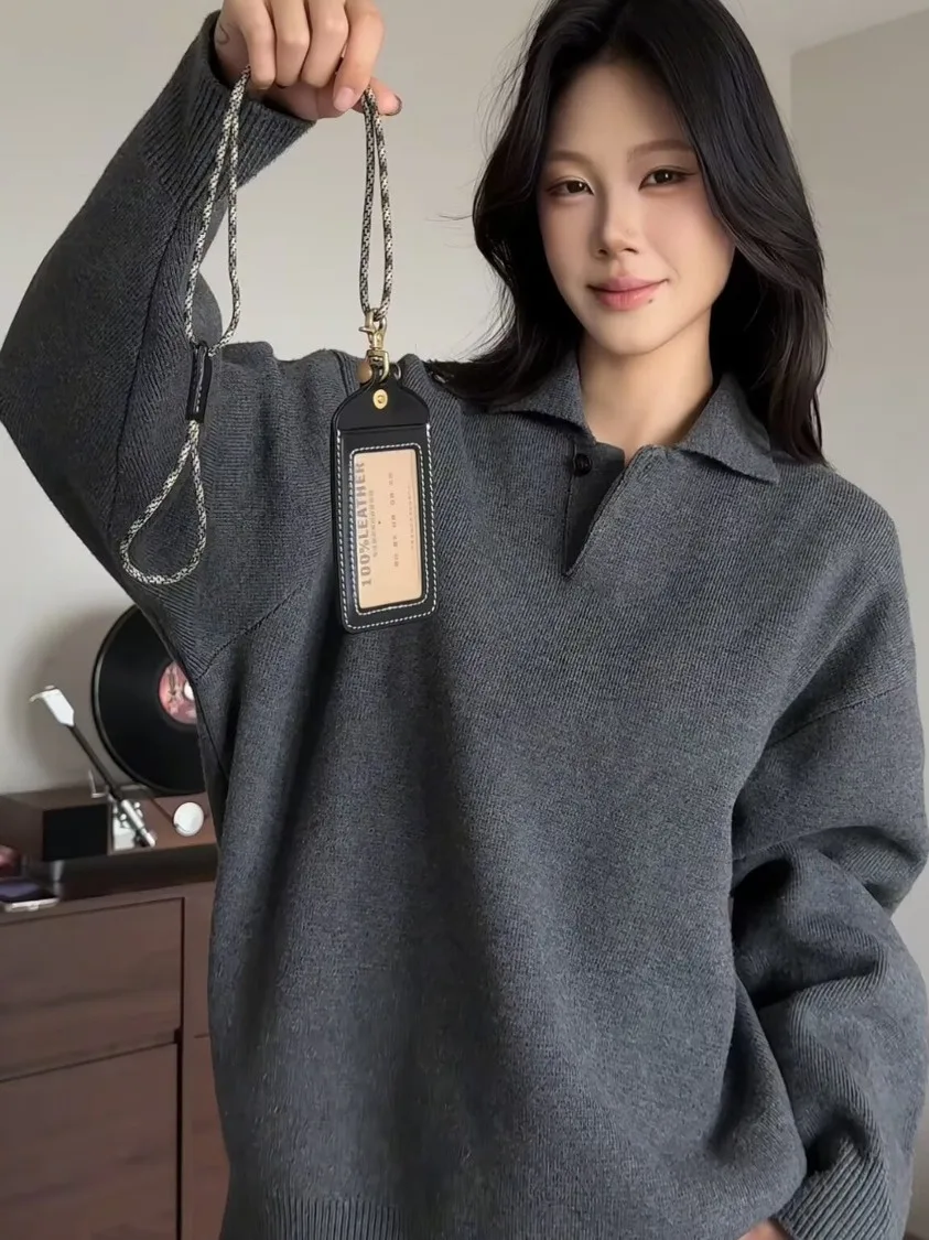 

Loose Fit V-Ne Sweater Deep ey Vintage American Sle Knitted Top Casual Comfortable Long Sve Ci Walk Suitable Outer...