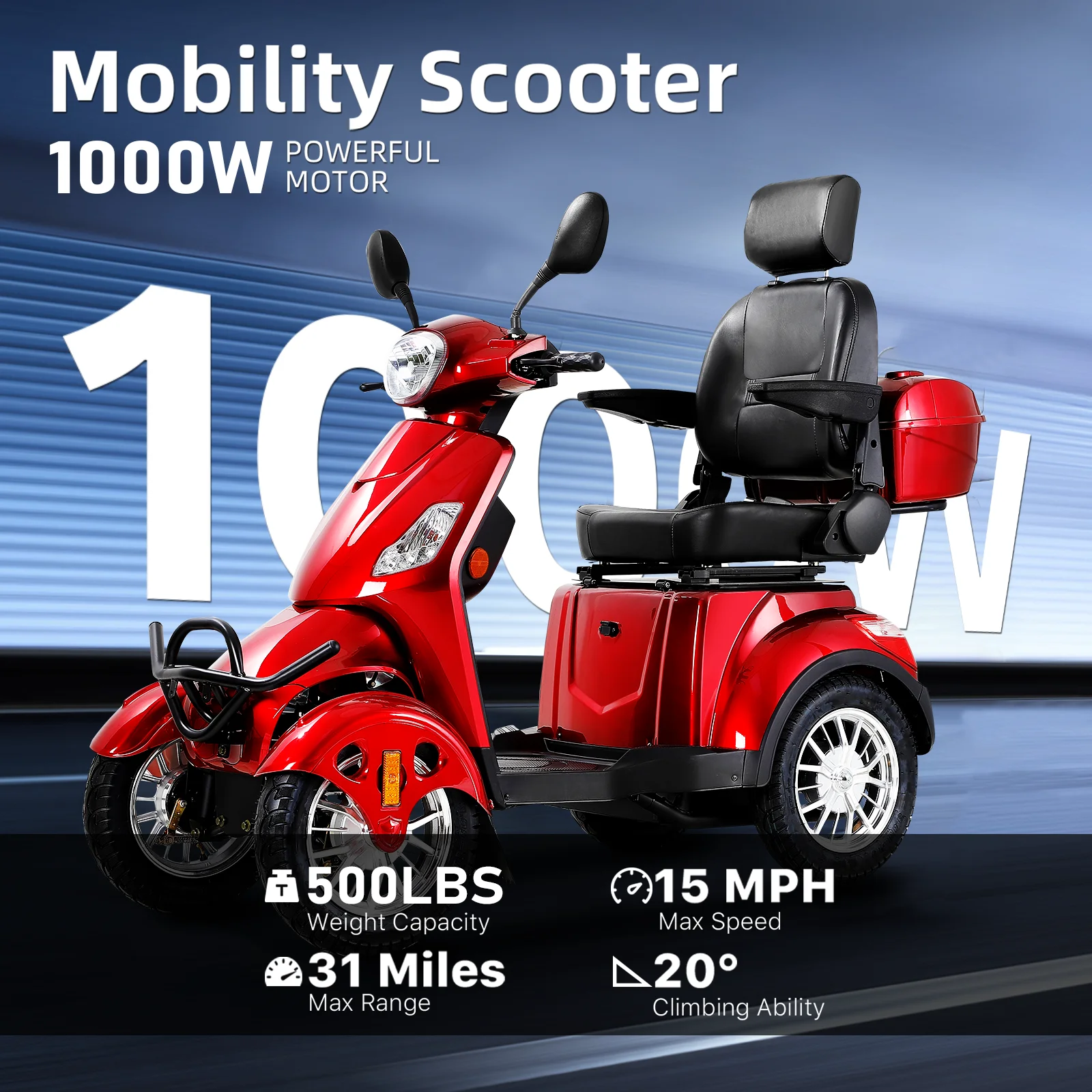 

XL4L 1000W 4 Wheel Heavy Duty Mobility Scooter for Seniors 500LBS Load 15MPH 31 Miles Range 20 Degree Climbing Adjustable Seat Safety Belt 3 Storage Spaces LED Lights USB Port Tubeless Tire Anti Tip Wheels for Elderly Disabled
