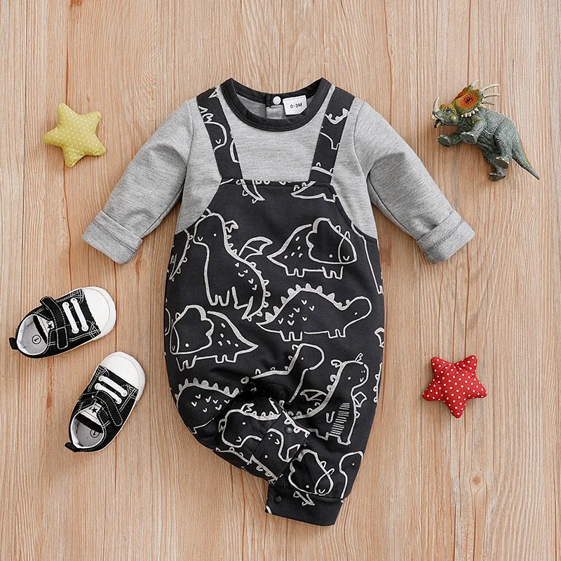 0-18m Baby Jumpsuit Cute Shoulder Strap Dinosaur Print Comfortable And Soft Spring And Autumn Long Sleeved Newborn Clothes