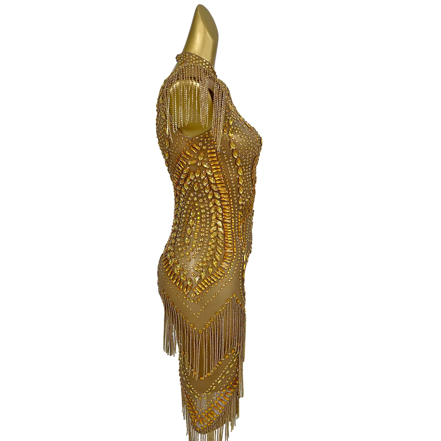 Women Transparent Gold Diamond Party Dress Birthday Luxury Costume Fancy Brilliant Dancer Wedding Dress Impressive Dress Luogu