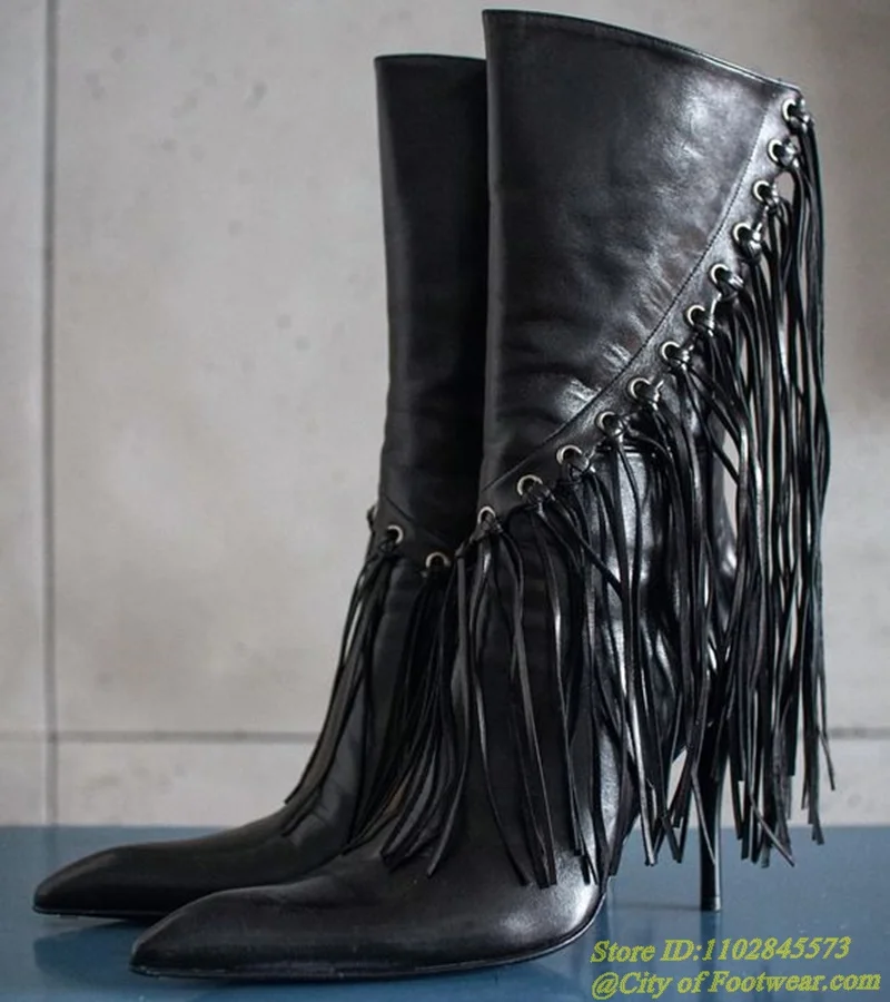 

Vintage Black Leather Tassels Short Boots Pointed Toe Sexy High Heels Zipper Sexy Mid Calf Boots Big Size Luxury Designer Shoes