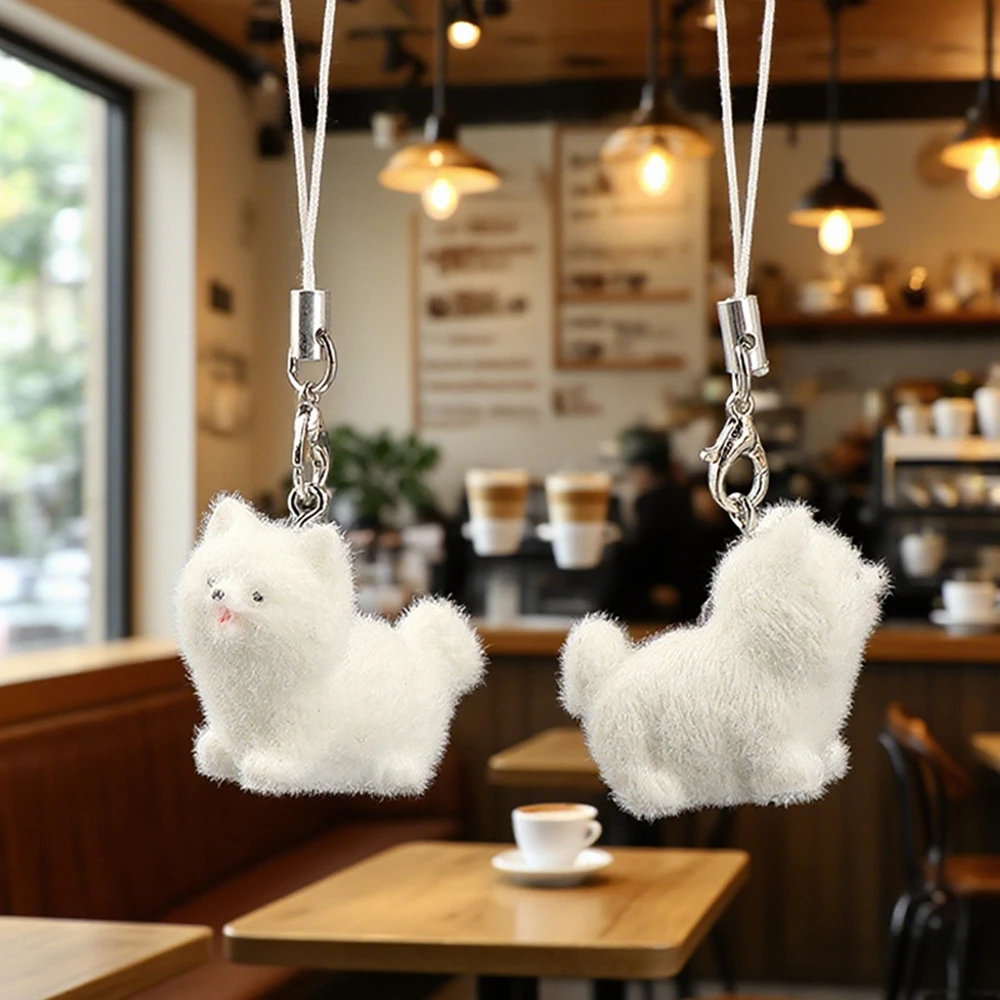 Coreano 2026 nueva tendencia flocado 3D cordón samoyedo lindo teléfono encantos colgante Kawaii dinosaurio llavero auricular decoraciones regalo