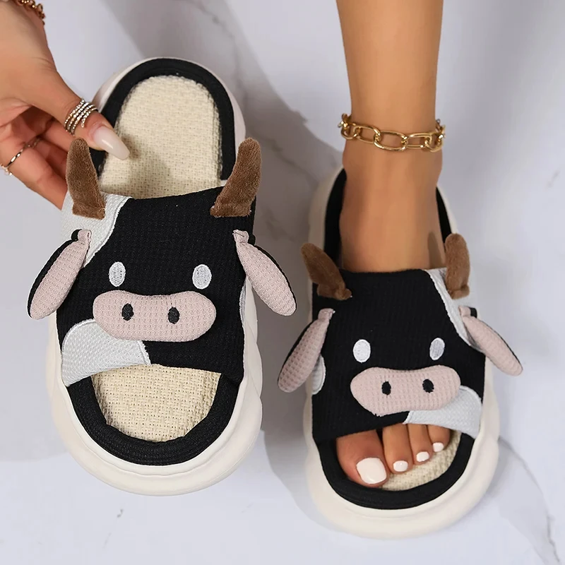 Casual Platform Slippers Women Home Cute Cow Cartoon Designer Shoes Girls 2024 Linen Fashion Chic Elegant House Slipper Big Size