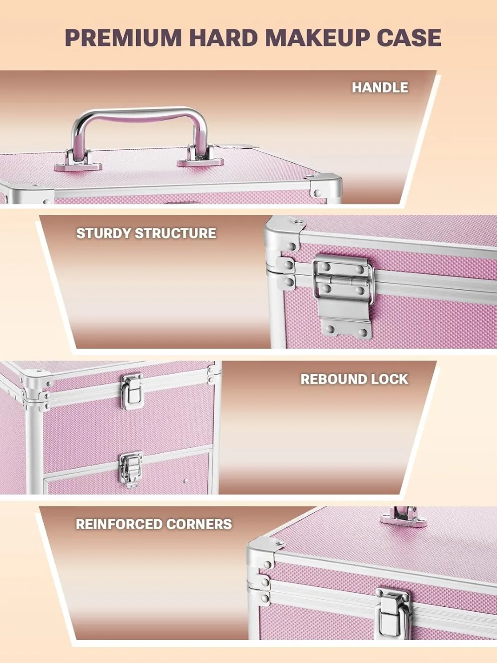 Makeup Box with Drawer and Detachable Lighted Mirror, Travel Train Case, Cosmetic Organizer with Adjustable Dividers, Magnetic LED Mirror view 4