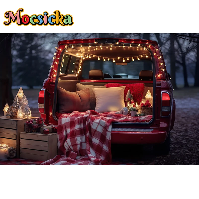 Mocsicka Winter Christmas Red Car Photography Background Gift Xmas Trees Family Kids Portrait Decor Backdrop Photo Studio Props