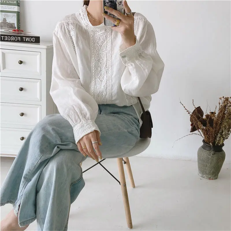 Johnature New Korean Linen Womens Tops And Blouses 2024 Autumn Vintage Hollow Out Loose Solid Color Female Shirts