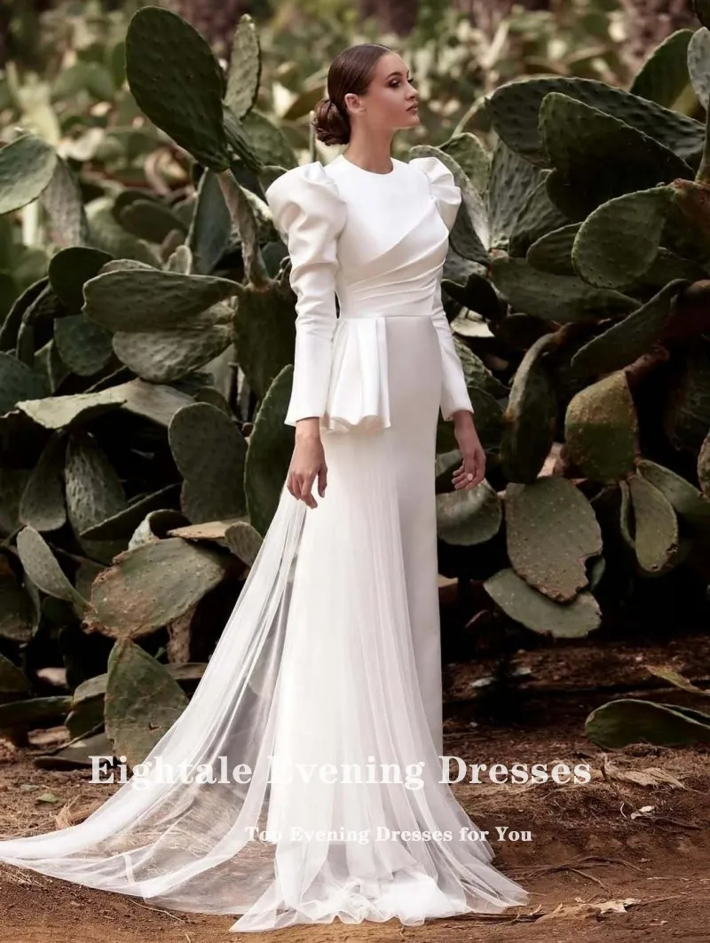 Eightale Arabische Brautkleider O-Ausschnitt Maßgeschneiderte Meerjungfrau Satin Lange Ärmel Brautkleider Vestidos De Novia