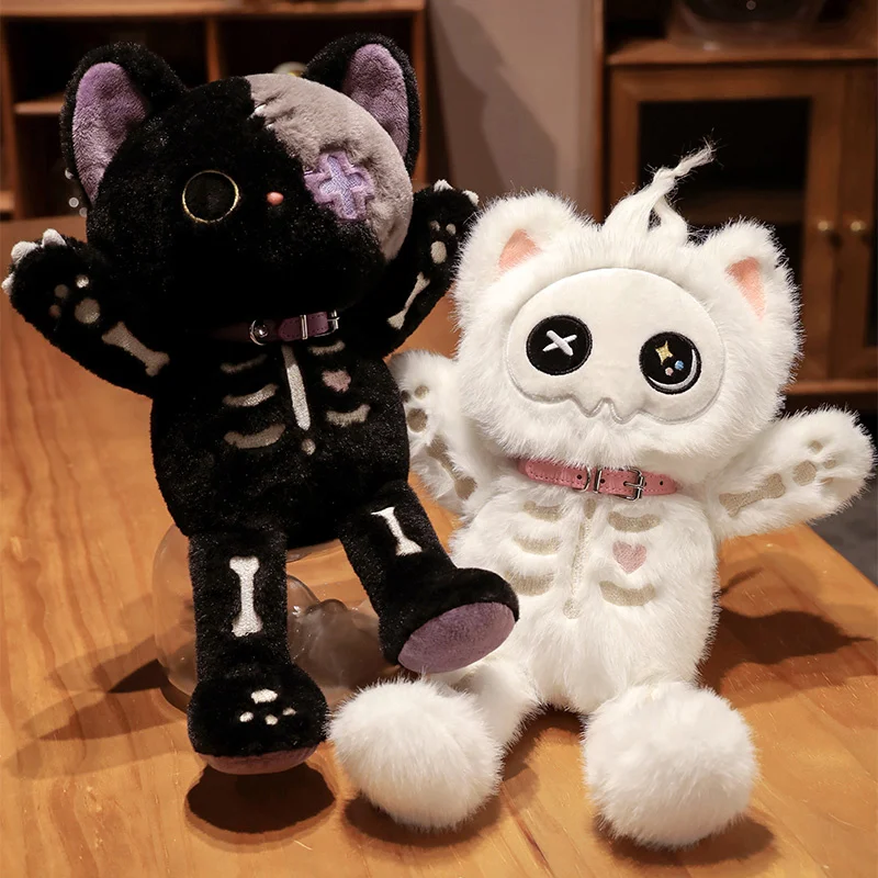 

New In Stock Kawaii Black Skeleton Cat Plush Toy Creative Stuffed Animal Fluffly Gothic Skull Kitten For Kids Halloween Gifts