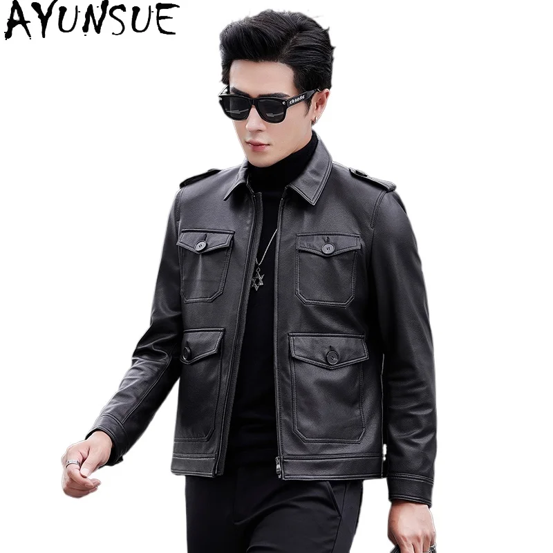 

AYUNSUE Real Goatskin Genuine Leather Jackets Man Short Fashion 100% Men Leather Coat Multi-pocket Motorcycle Jacket Casacos
