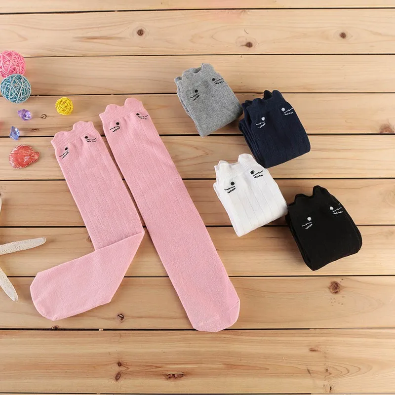 Children Girl Sock Adorable Cartoon Cat Print Knee-High Socks Kids Soft Skin-Friendly Breathable Sweat-Absorbent Long Sock 3-12Y