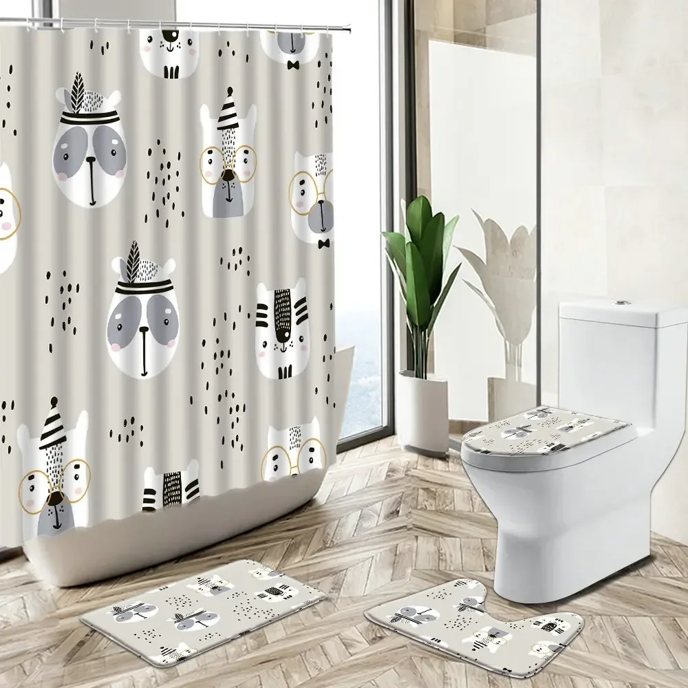 Hand Painted Cartoon Bear Shower Curtain Kid Bathroom Set Dinosaur Panda Swan Fun Animal Non-Slip Rug Toilet Lid Cover Floor Mat