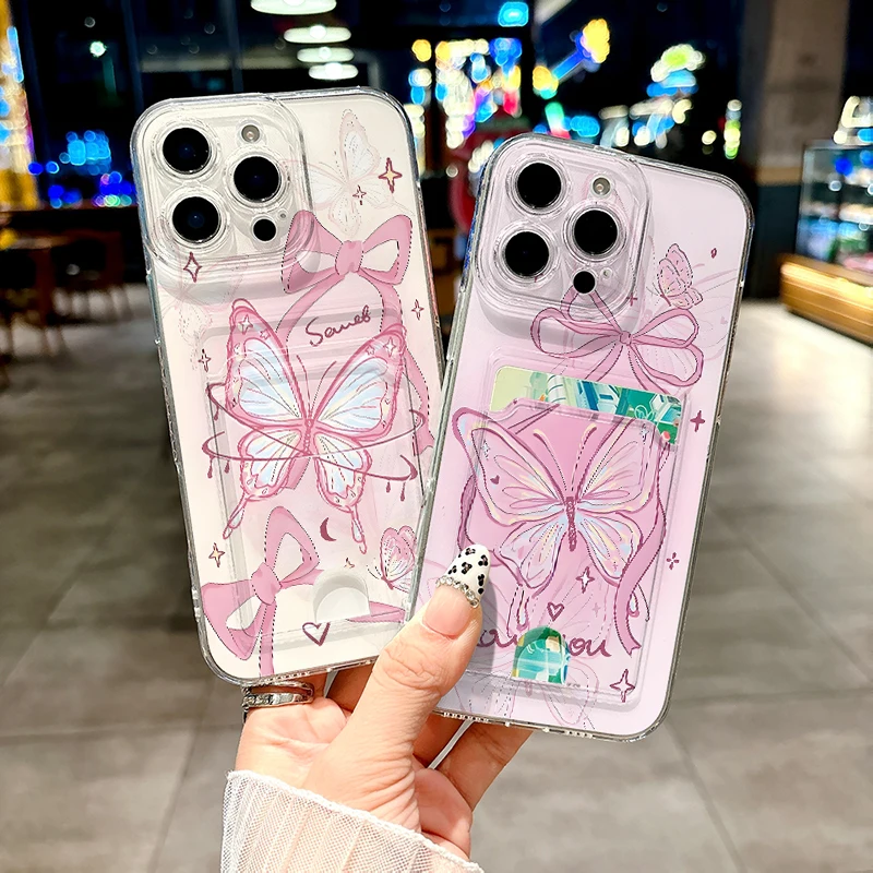 

Beautiful Butterfly Scarf Girls Phone Case for iPhone 11 12 13 14 15 16 Pro Max Plus X XS XR mini Card insertion pocket Cover