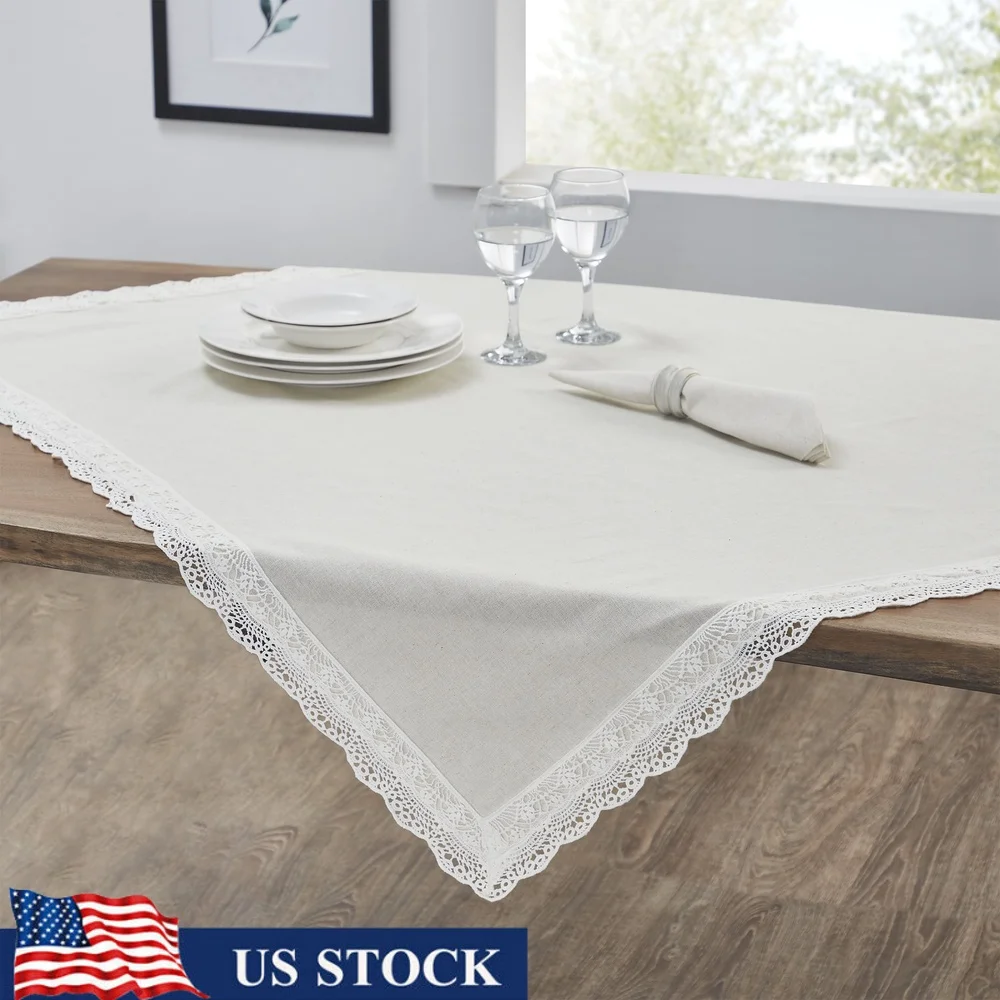 

Elegant Lace Trim Cotton Linen Tablecloth Throw 50x50 Inches Beige Decorative Accent Dining Protection Special Occasions