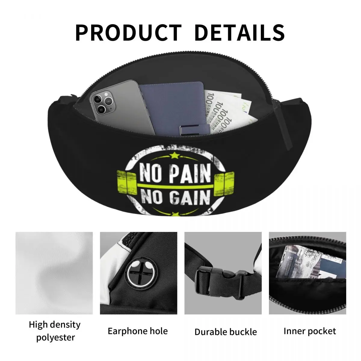 No oto No Gain Fitness Gym Fanny Pack pour hommes et femmes, Cool Bodybuilding Lover, Crossbody, Waist Bag for Running Phone, Money Powder