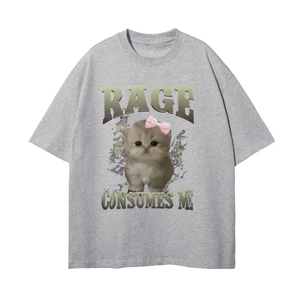 Rage Consumes Me Funny Cat Meme Unisex O-Neck Loose Tee Kawaii Casual Short Sleeve Street Fashion Tops for Women Daily Wear