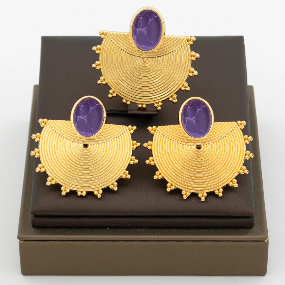 18K vergoldetes fächerförmiges mehrfarbiges ovaler Stein-Ohrringe- und Ring-Set für Damen, luxuriöse Hochzeits- und Party-Accessoires, Brautschmuck, Geschenk – Detail 3