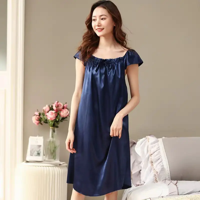 Newest M-5XL Silk Pajamas For Women Nightgown Nightdress Nighty Short Sleeve Luxury Brand Solid Silk Ladies Sleepwear