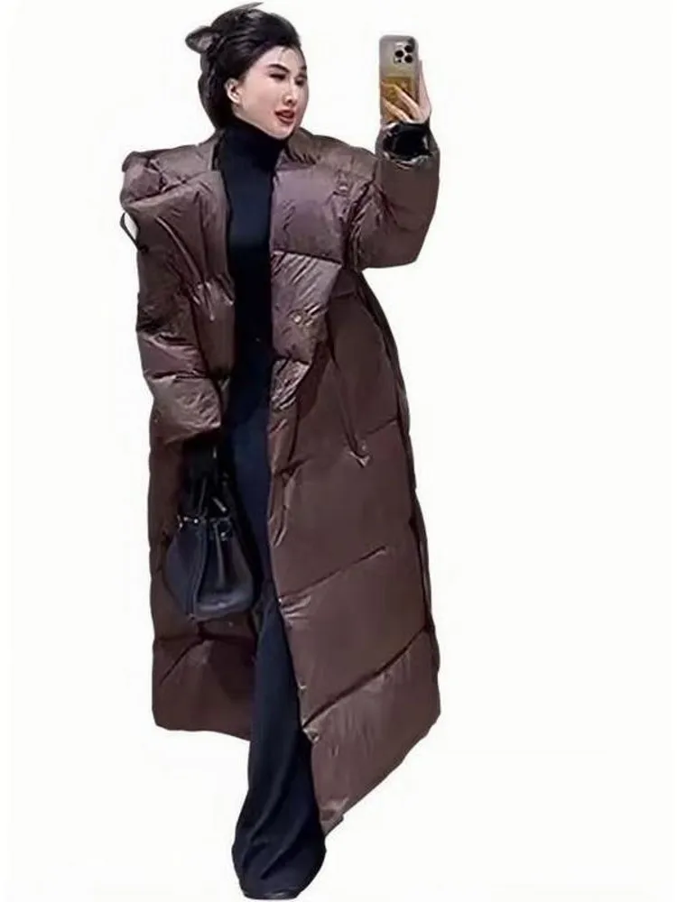 Inverno trabalho senhora do escritório estilo longo casaco grosso quente cintura larga pato para baixo jaqueta blusão com capuz casaco feminino outwear