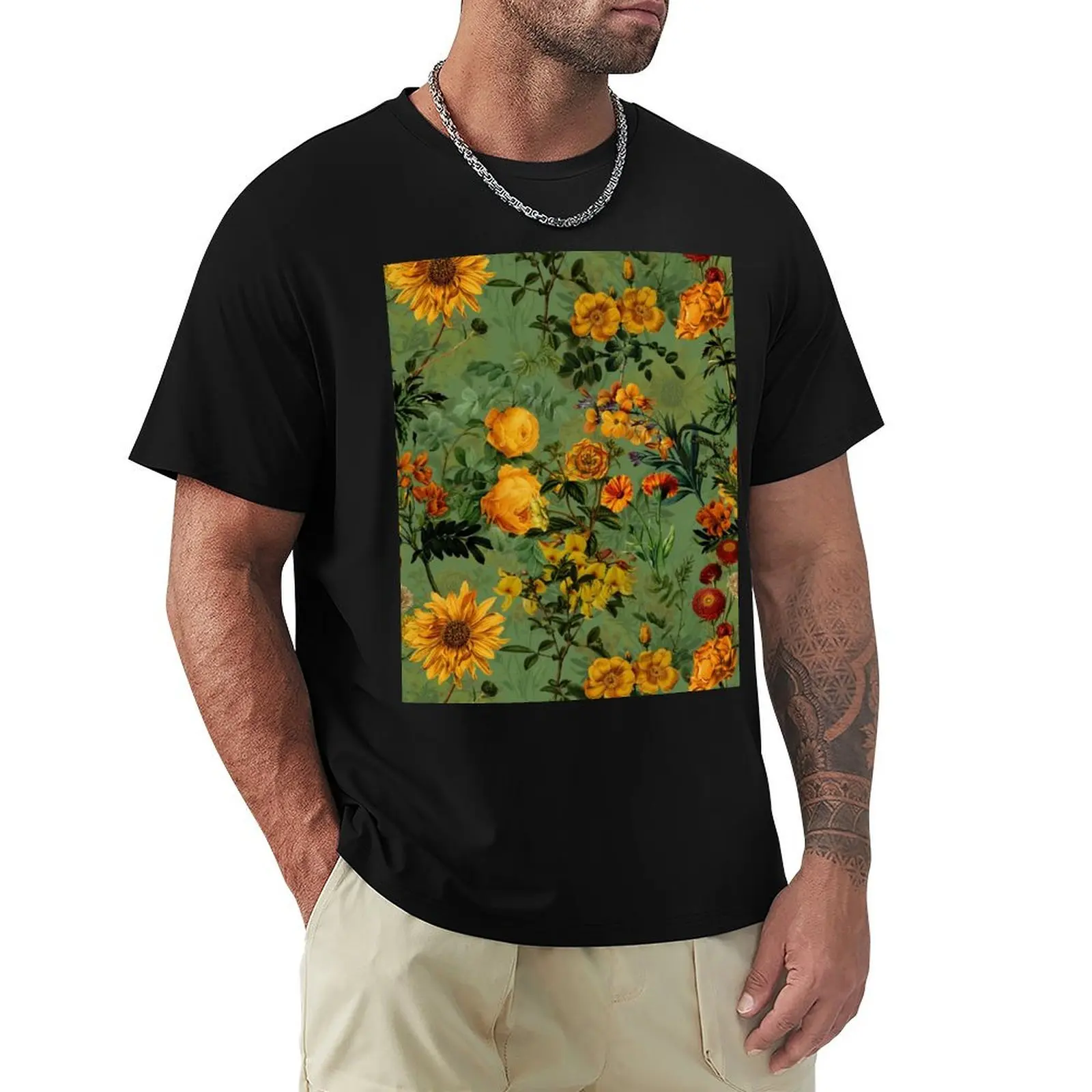 

Green Vintage Botanical Summer Roses Garden T-Shirt Basic Solid Color Short Sleeve Cotton Top