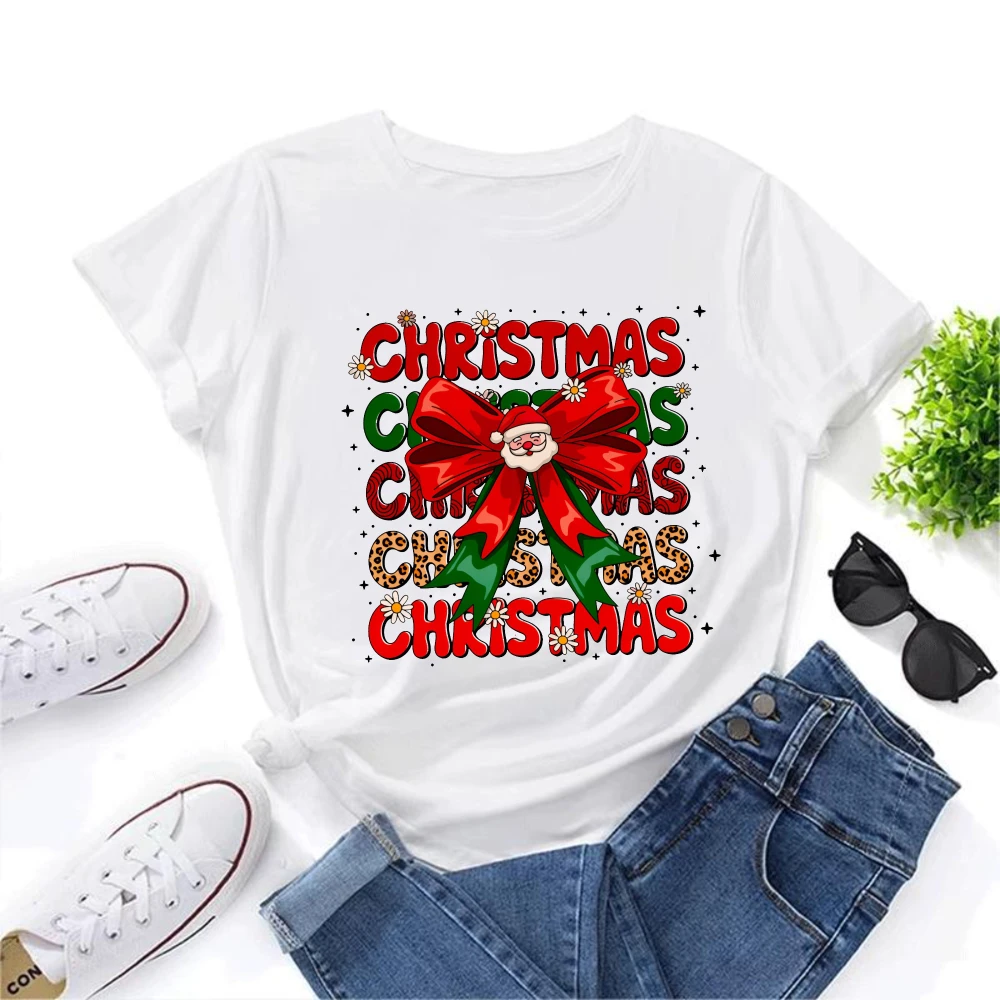 Santa Claus Red Ribbon Bow Graphic T-Shirt Women Merry Christmas Letter Print Tee Short Sleeve Festive Basic Daily Wear Tops