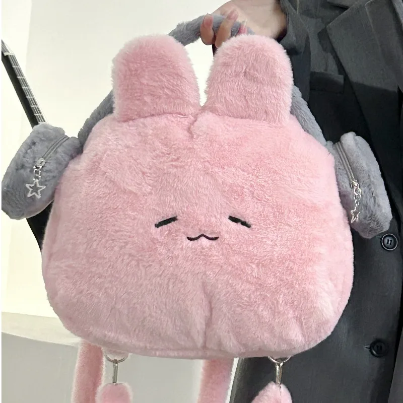 MBTI Cute Bunny Womens Backpack Casual Soft Pink Plush Fluffy Lolita Jk Designer Backpack Student Korean Fashion Earphones Bag