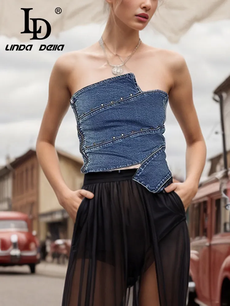 

LD LINDA DELLA 2024 Summer Fashion Designer Sexy Top Women's Denim Irregularity Splice Extravagant Nail Bead Striped Pretty Top