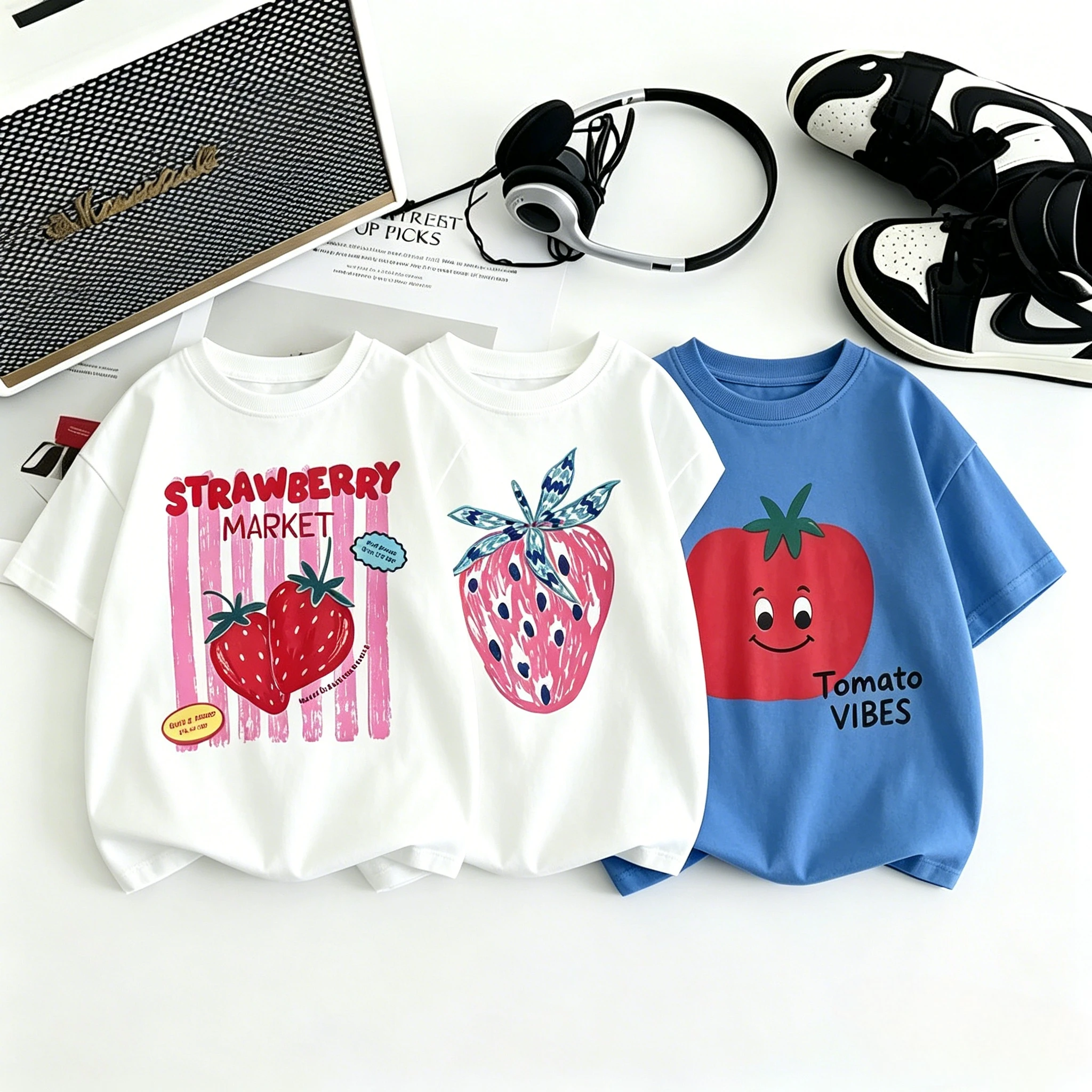 2026 Hot Sale Kids Short Sleeve T Shirt With Strawberry Tomato And Lemon Prints Loose Thin Style Soft Fabric Casual Tees Kid Top