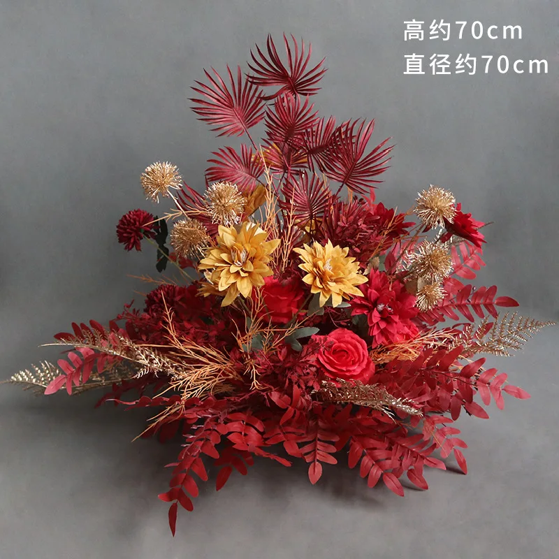 Wedding Red Potted Flowers Road Wedding Floral Ball Orange Gold Table Background Decorative  Chinese Prop