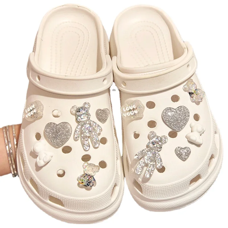 12pcs/set Glitter Love Bear Novelty Cute Hole Shoes Charms PVC Shoe Decorations Sneakers Slippers Accessories Kid Girl Gift New