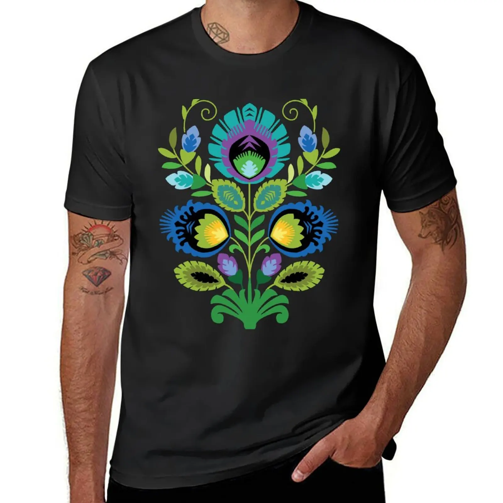 Polish Folk Flowers Teal on Black T-Shirt customs design your own hippie clothes men graphic t shirts