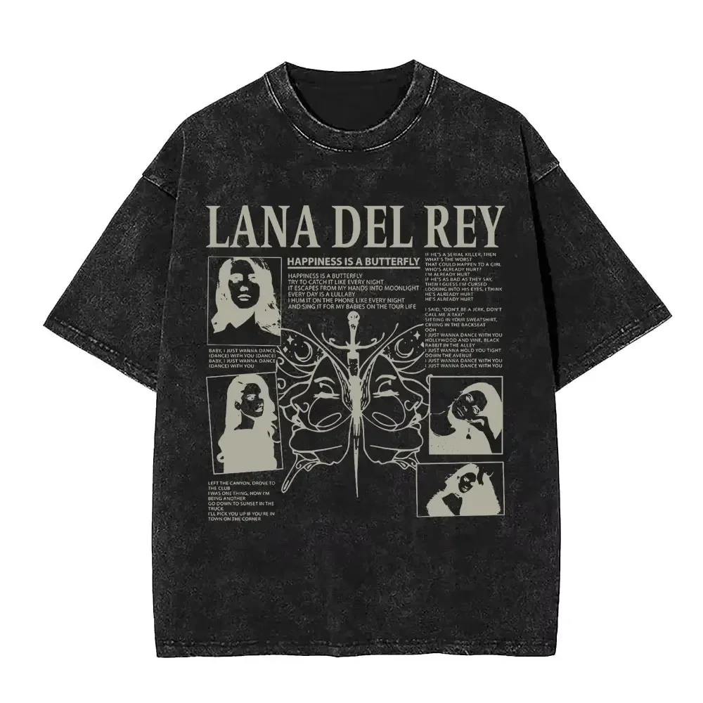 Customization Shirt Lana Del Rey Happiness Is A Butterfly Vintage Washed T-shirt Men Women Hip Hop Oversized T-shirts Men's Fash