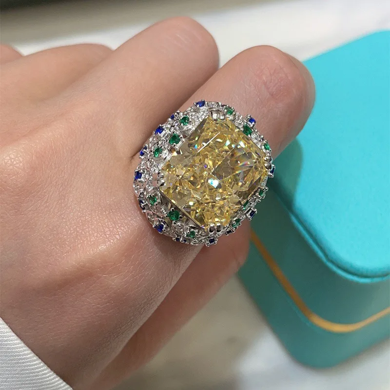 New 100% S925 Silver 15 Carat Imported High Carbon Diamond Redion Ice Flower Cut 14 * 16 Yellow Diamond Ring Wedding Jewelry
