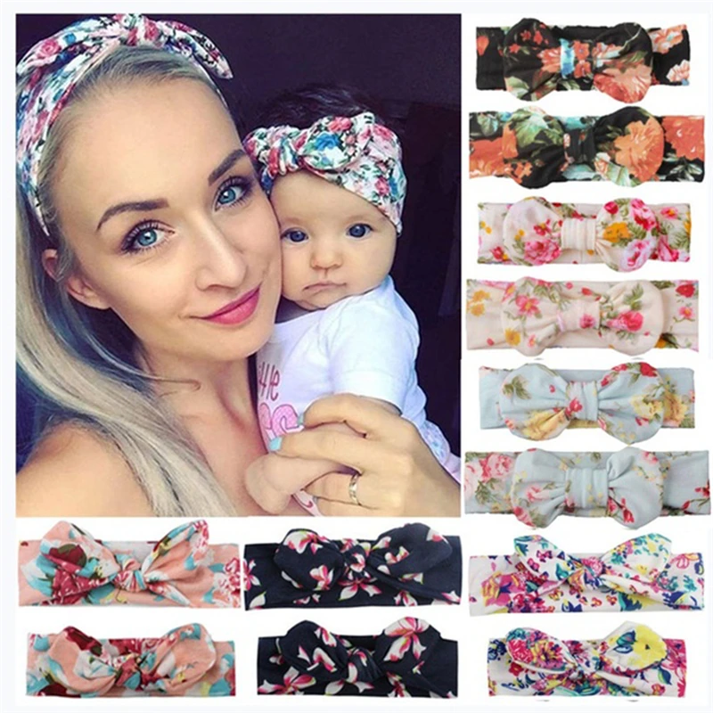 

2Pcs/Set Mom Baby Headbands Mother Baby Turban Mom Daughter Rabbit Ears Hairband Floral Print Parent-Child Hair Accessories