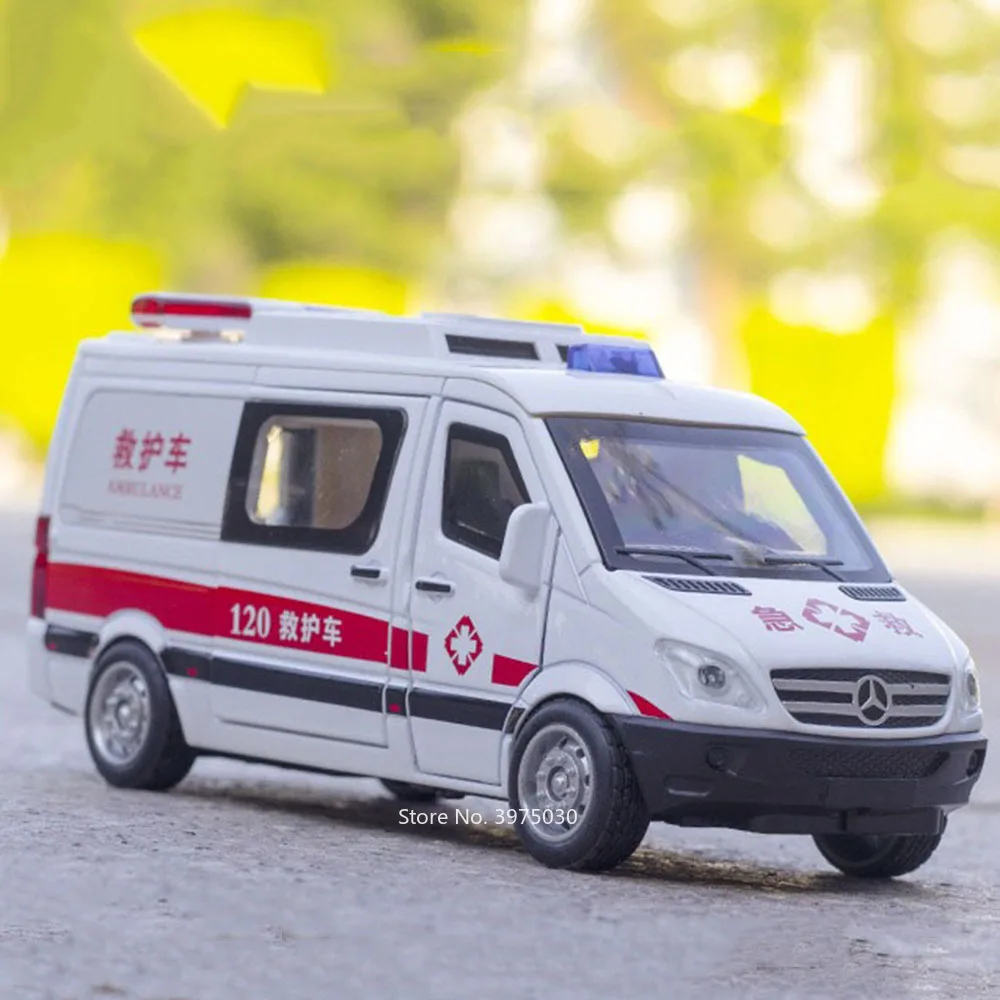 1/32 liga diecast benz ambulância modelo de carro brinquedo luz som roda carro puxar para trás pneus de borracha veículos em miniatura crianças presente brinquedos