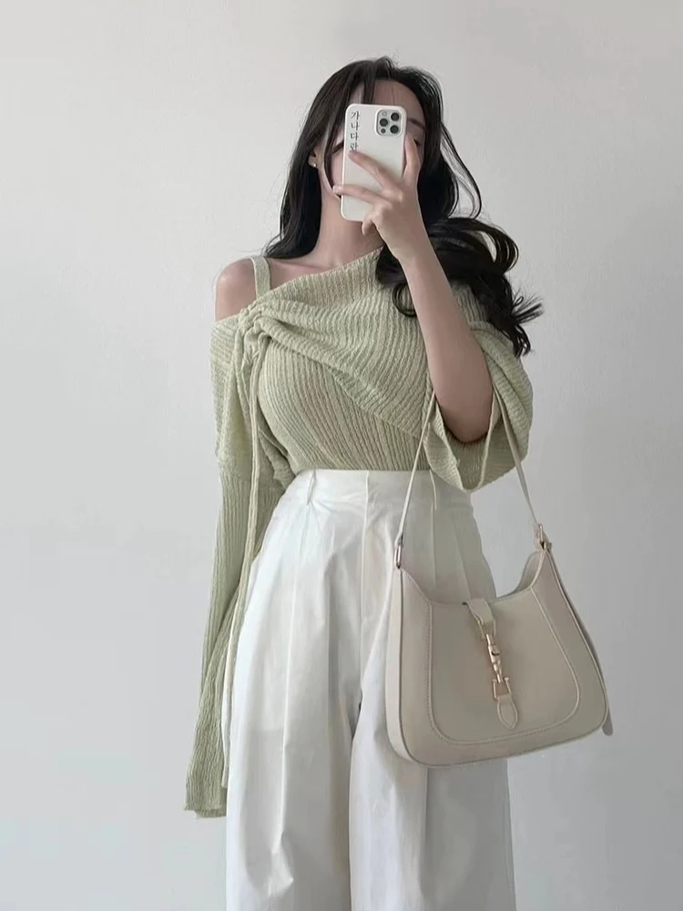 

Women's Strap Vest Inner Chic Personali Faion Match Slimming Top + Dstring Knitted Sweater Cover Two Set