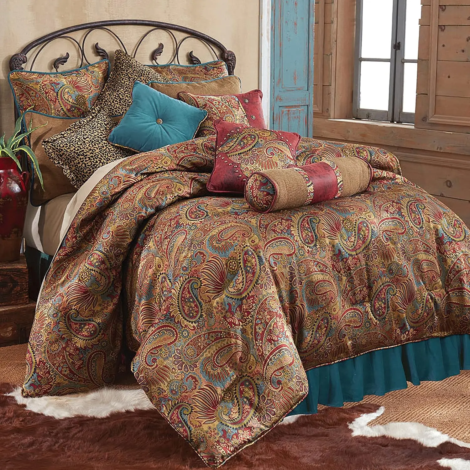 

Paseo Road By Hiend Accents San Angelo 4 Piece Comforter Set, Super King, Paisley Pattern, Teal Bed Skirt, Western Rustic