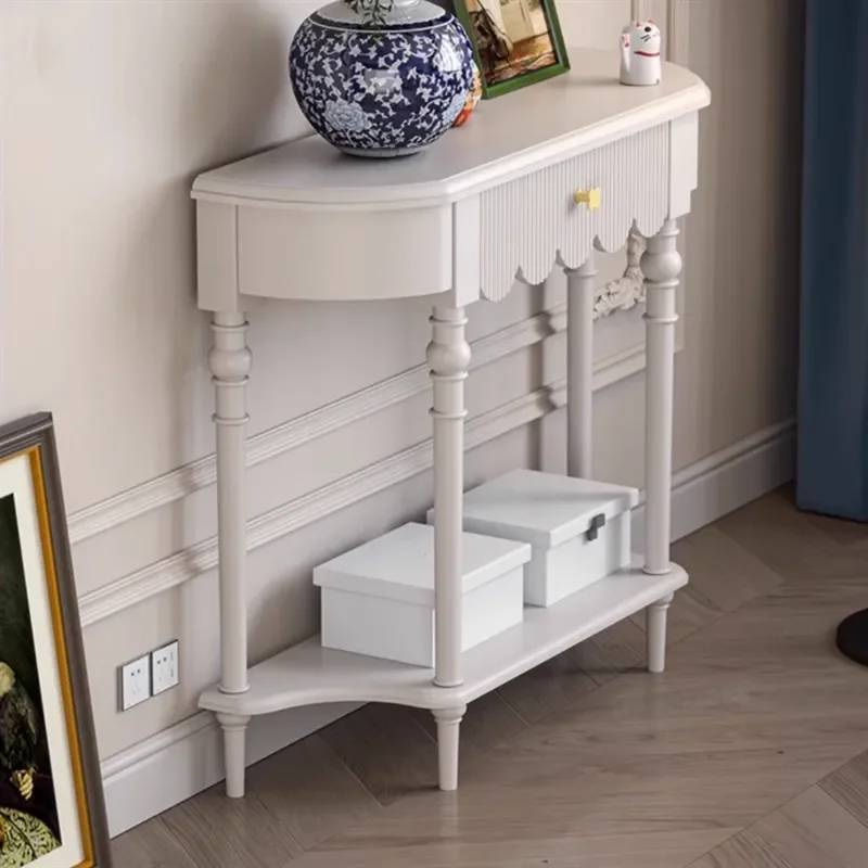 Creamy White Solid Wood Entryway Cabinet Wall Mounted Console Table Modern Simple Foyer Storage Desk for Hallway Entrance