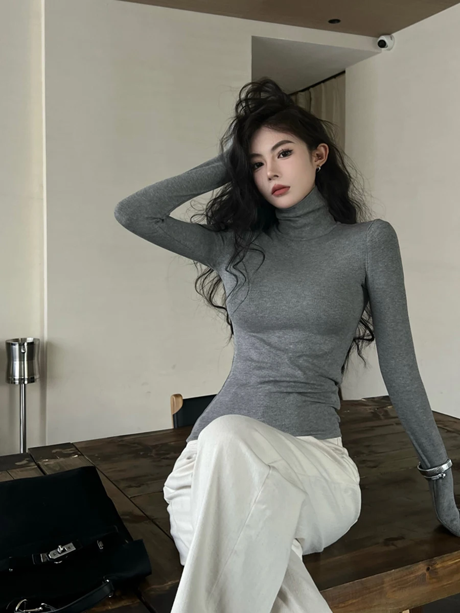 

Grey High-End Feel Shoulder Repair High Collar Base Shirt Women Winter Flocking Long Sleeve Tight Body Shirt Autumn Inner Wear