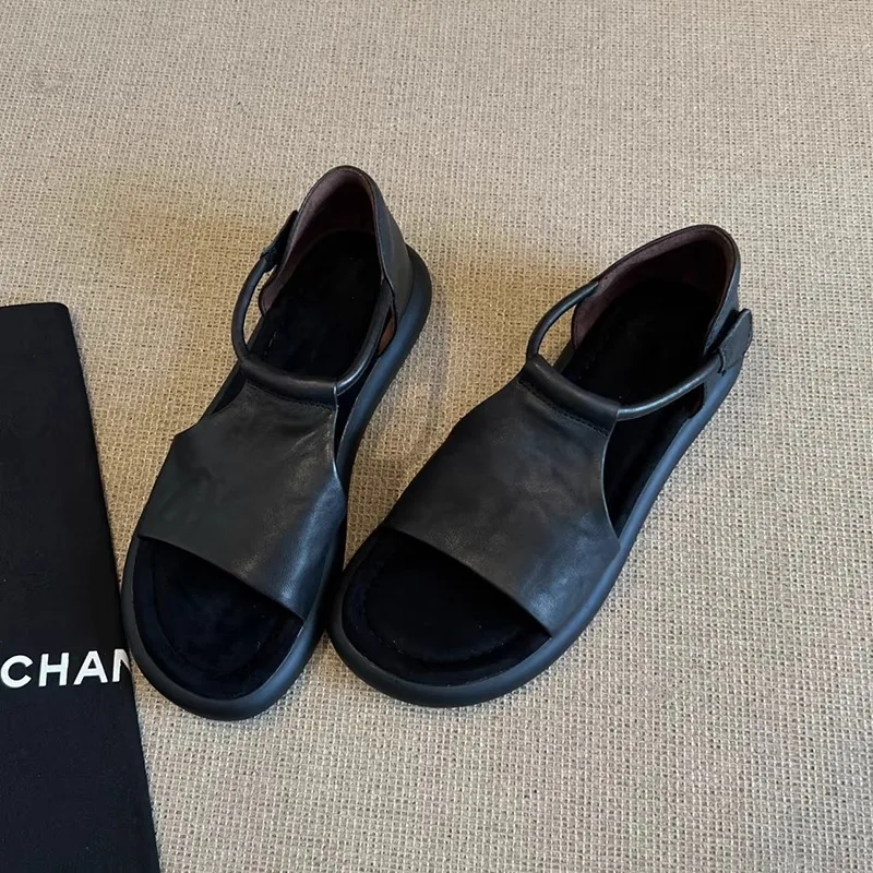 

Женская обувь, повседневные сандалии с открытым носком на толстой подошве для женщин, новые летние универсальные сандалии на мягкой подошве с римской поверхностью, искусственная подкладка из овчины